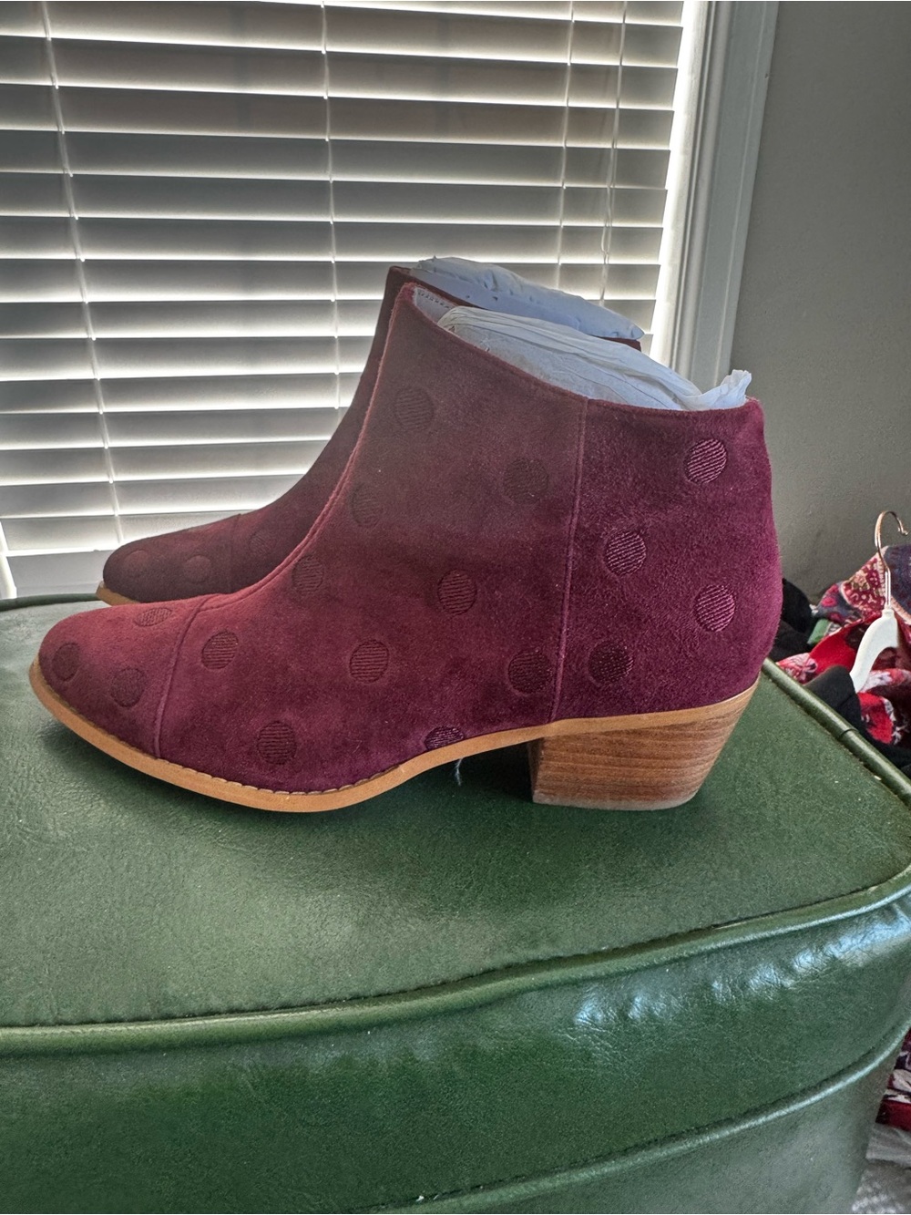 New! Women’s Anthropologie Burgundy Suede Ankle Bootie with Low Block Heel 9.5
